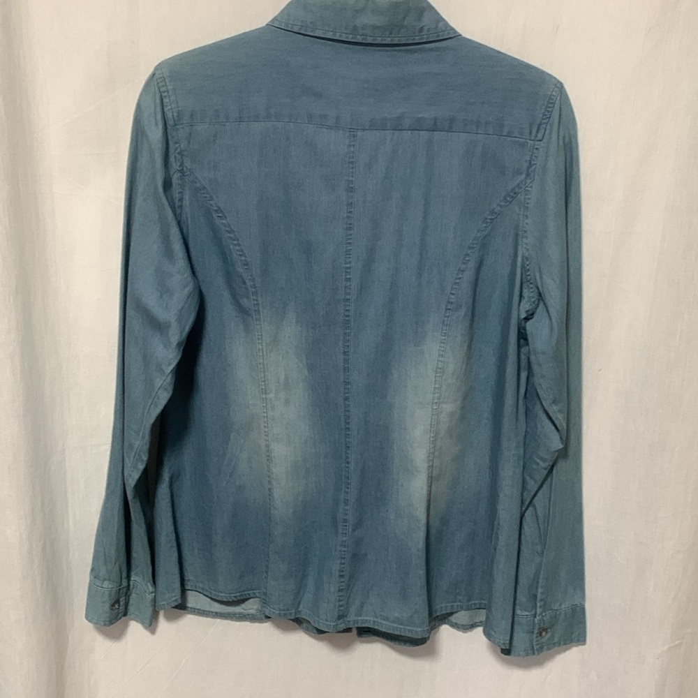 Chic Denim Ruffle Front Blouse - Picture 2 of 2